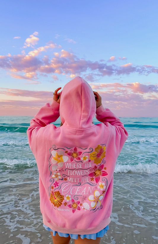 Flowers Meet the Ocean Pink Hoodie